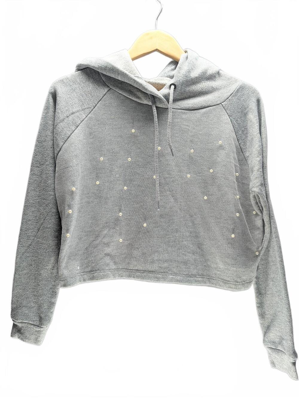 Gypsies & Moondust Gray Cropped Hoodie with Pearl Embellish